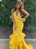 Elegant V Neck Spaghetti Strap Applique Yellow Mermaid Long Prom Dress
