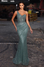 Green One Shoulder Sleeveless Mermaid Princess Prom Dress With Sequins