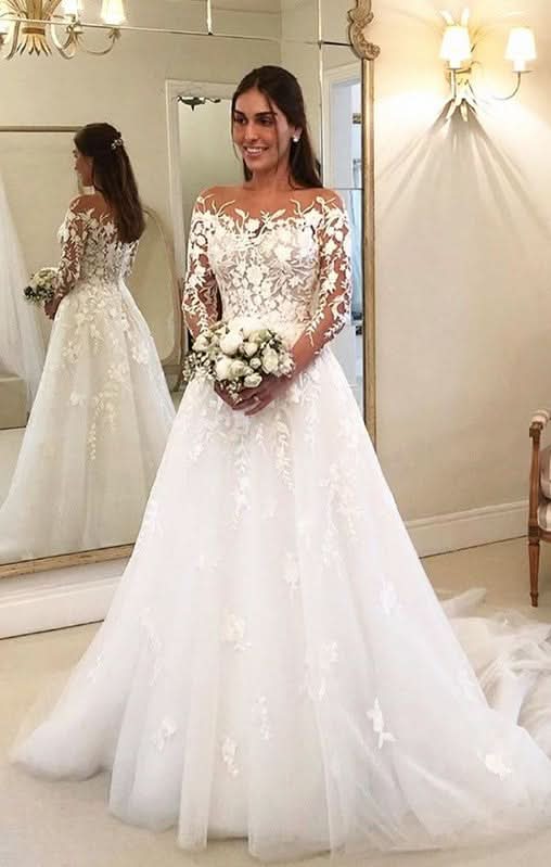A Line Tulle Floral Lace Appliques Wedding Dress With Sleeves for a Charming Look BM bride