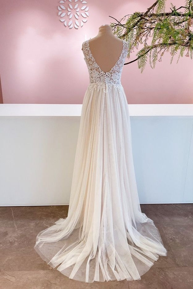 Wide Strap A-Line Floor-Length Backless Wedding Dress with Floral Lace and Tulle Ruffles BM bride