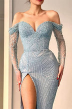 Stunning Off-The-Shoulder Mermaid Evening Dress Long Sleeves with Sweetheart Beadings BM bride