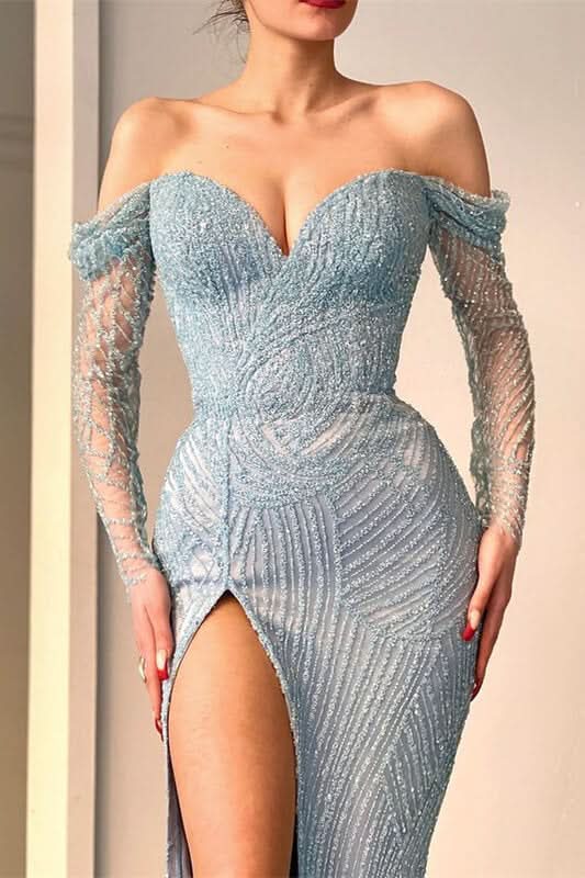 Stunning Off-The-Shoulder Mermaid Evening Dress Long Sleeves with Sweetheart Beadings BM bride