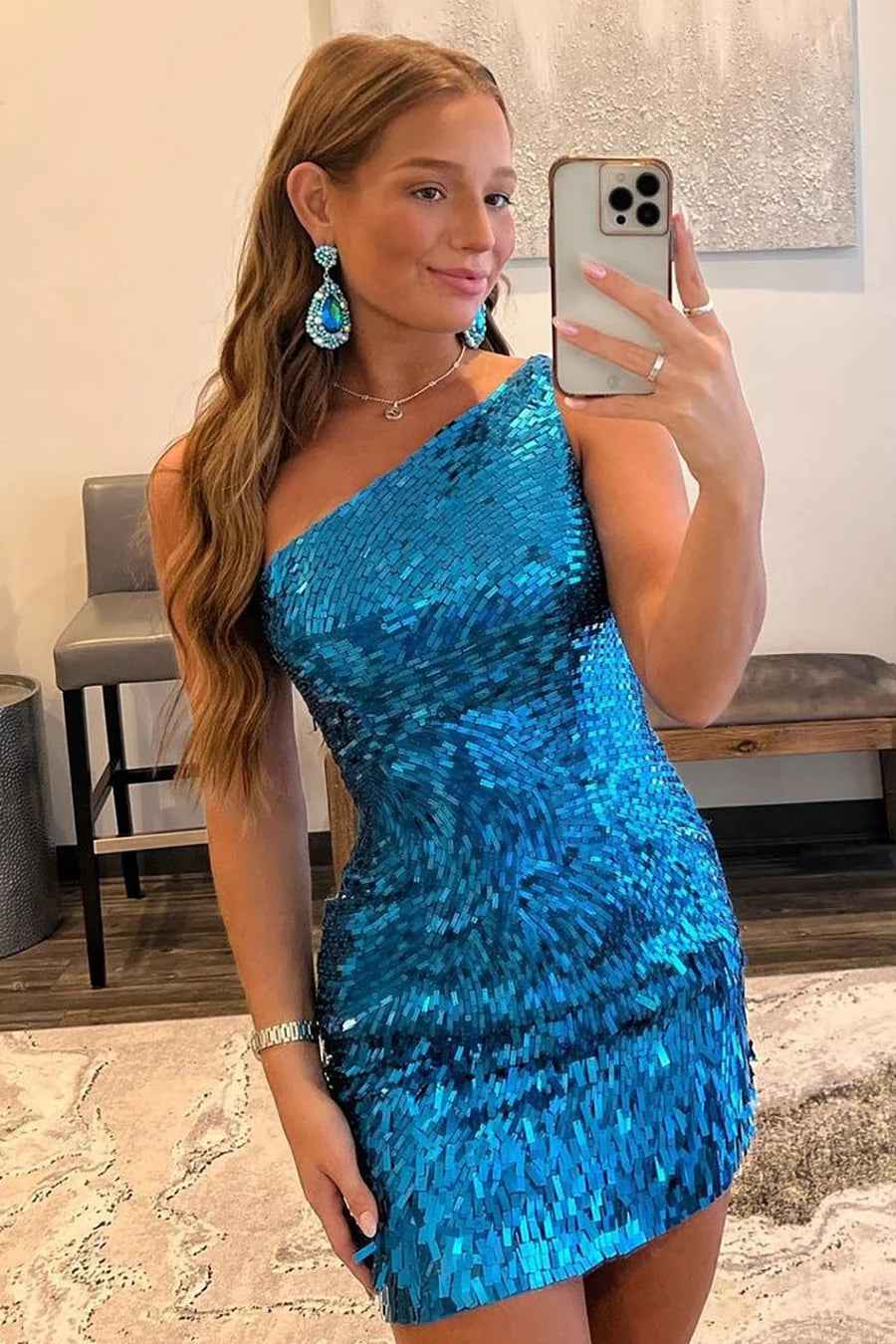 Glitter Royal Blue One Shoulder Sequins Tight Hoco Dress Bmbride