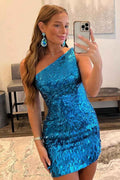 Glitter Royal Blue One Shoulder Sequins Tight Hoco Dress Bmbride