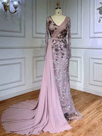 Exquisite V Neck Long Sleeves Appliques Bead Embroidery Prom Dress