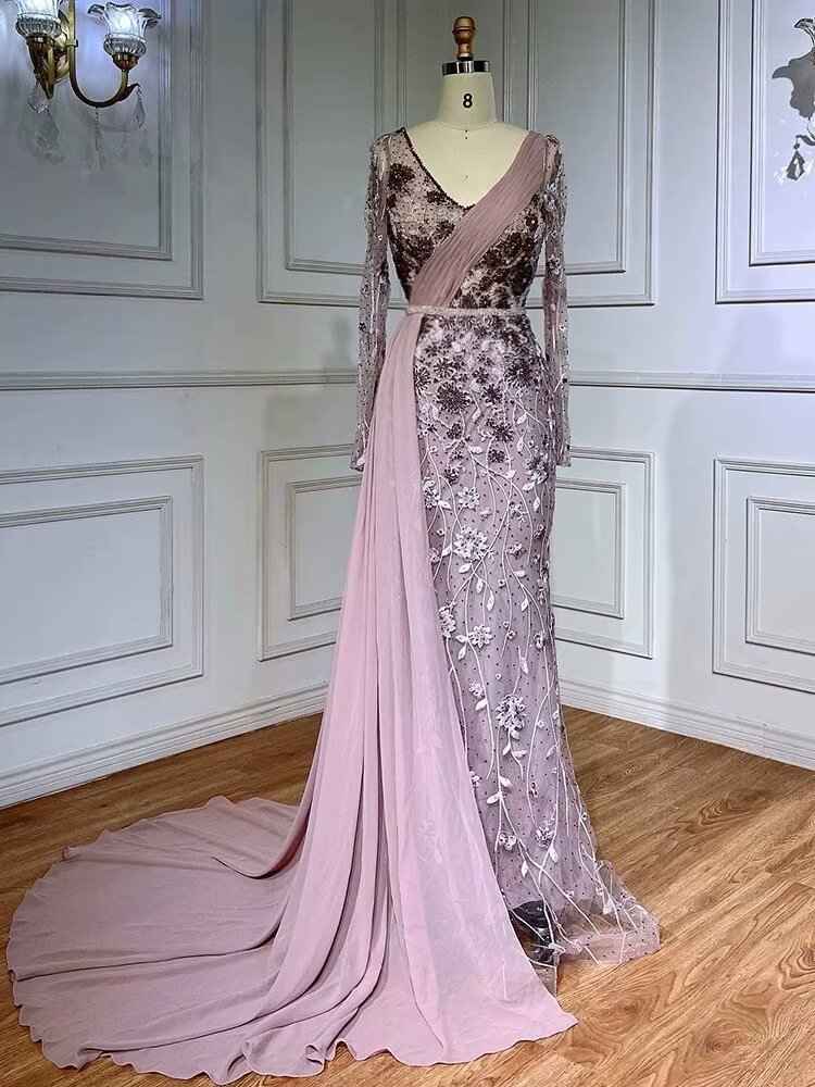 Exquisite V Neck Long Sleeves Appliques Bead Embroidery Prom Dress