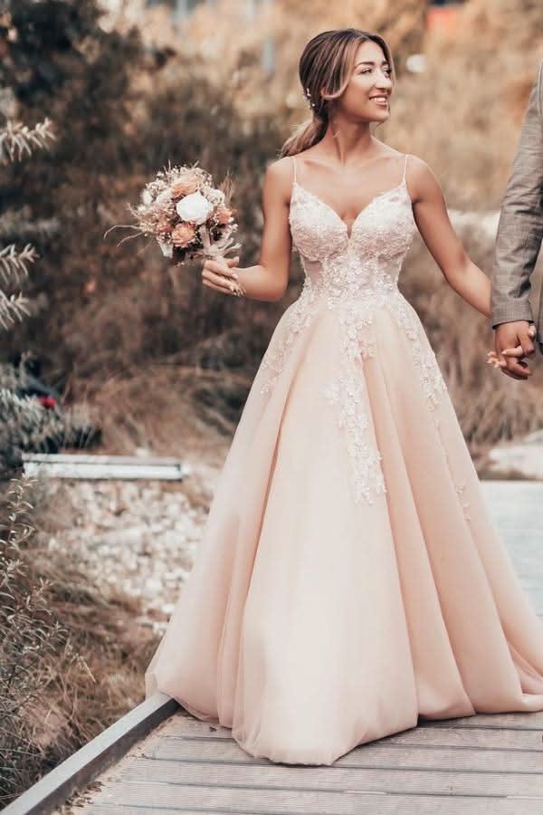 A-Line Spaghetti-Straps Long Wedding Dress With Tulle Lace BM bride