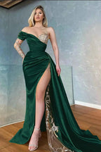 Elegant Yellow Stain One Shoulder Long Split Prom Dress With Beading