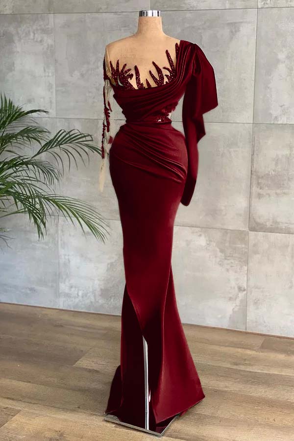 Green Long Sleeves Mermaid Side Split Prom Dress With Appliques BMBRIDE