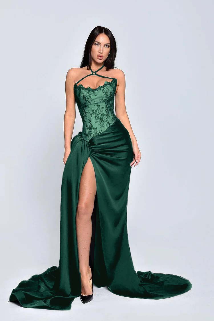 Black Halter Sleeveless Appliques Long Prom Dress With High Split