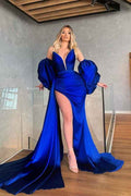 Mermaid Royal Blue Removable Sleeves Pleated Prom Dress With High Split