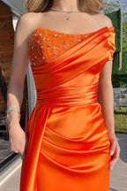 Orange Sleeveless Mermaid Ruffles Beadings Prom Dress One Shoulder With Split