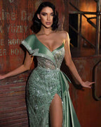 Green Sequins Prom Dress One Shoulder With Sleeveless Trail High Slit