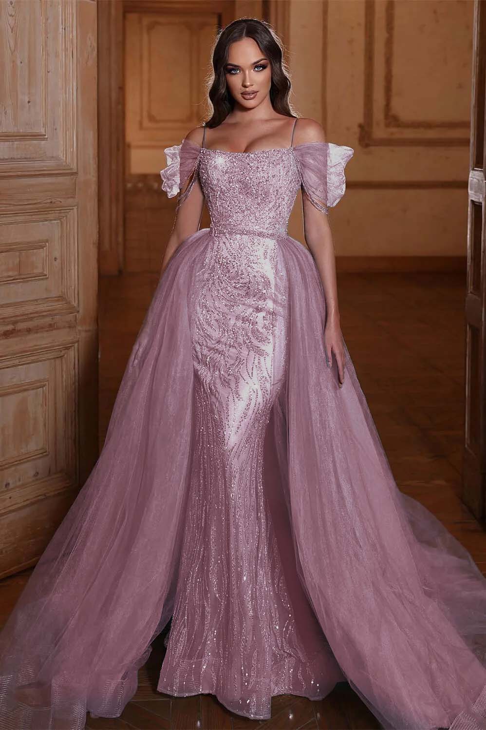 Off the Shoulder Mermaid Prom Dress Tulle Ruffles With Appliques