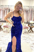 Dazzling Sequin Lace-Up Back Mermaid Long Prom Gown with Slit BM bride