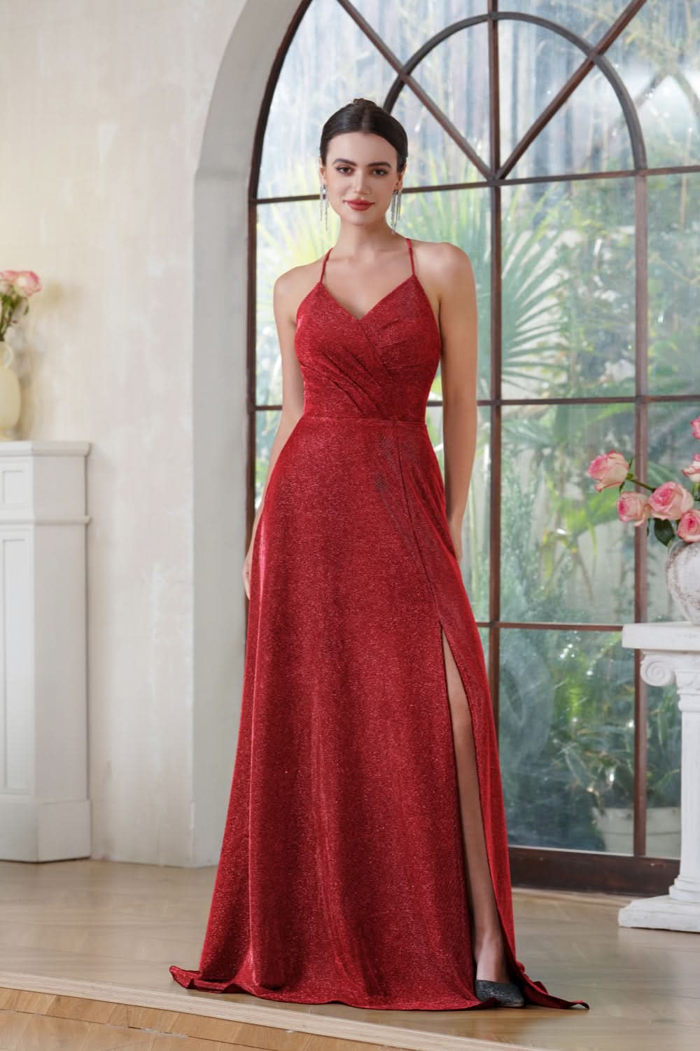 Halter Shiny Silk Long Prom Dress V-Neck Pleated Side Slit Party Dress with Pocket BMbride