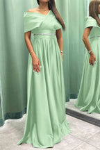 Elegant Off-the-Shoulder Long Pleated Evening Dress On Sale BM bride