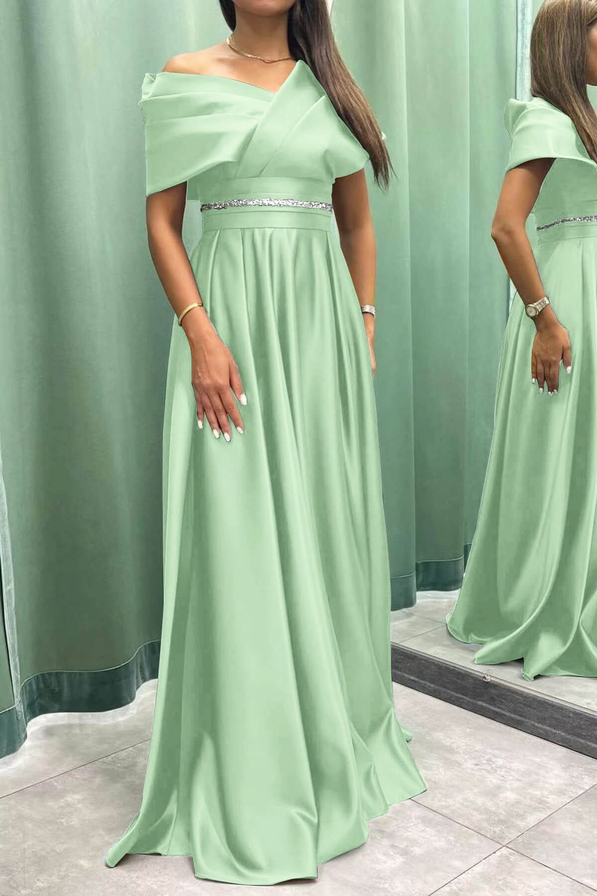 Elegant Off-the-Shoulder Long Pleated Evening Dress On Sale BM bride