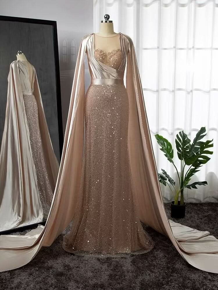 Gorgeous Pink Beaded Mermaid Evening Dress with Removable Cape Sleeve BM bride