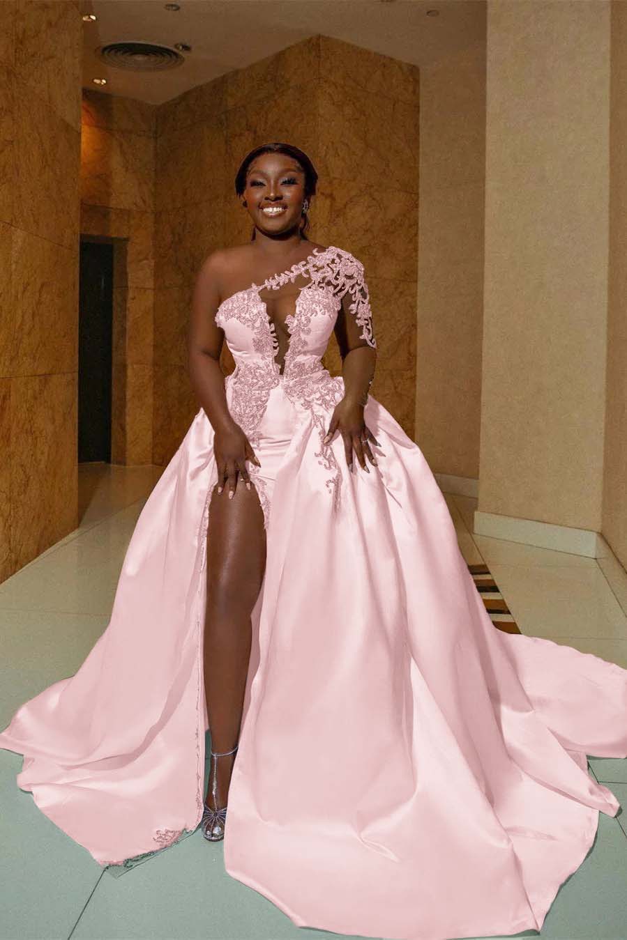 One Shoulder Sleeveless Long Split Prom Dress With Appliques BMBRIDE