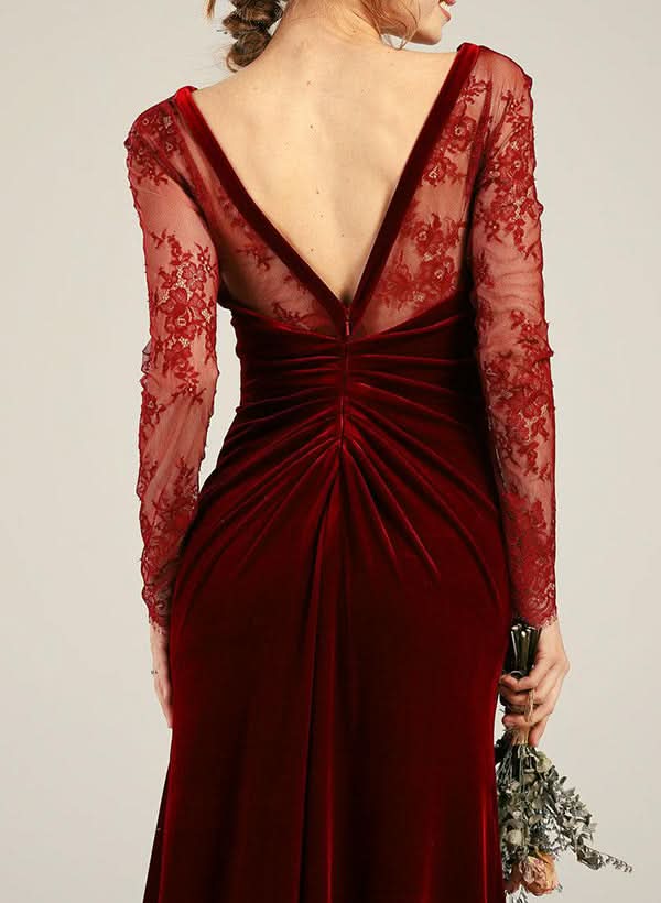 Long Sleeves Velvet Bridesmaid Dresses with an Elegant Split Front BM bride