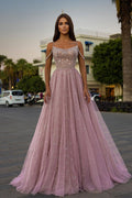 Tulle Spaghetti Strap Sleeveless A Line Long Prom Dress With Sequins Beads BMBRIDE