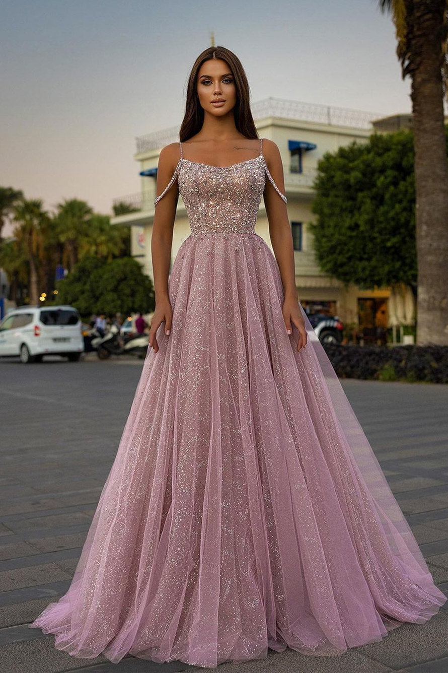 Tulle Spaghetti Strap Sleeveless A Line Long Prom Dress With Sequins Beads BMBRIDE