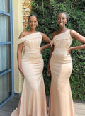 Asymmetrical Sleeveless Sweep Train Satin Bridesmaid Dresses for a Graceful Entrance BM bride