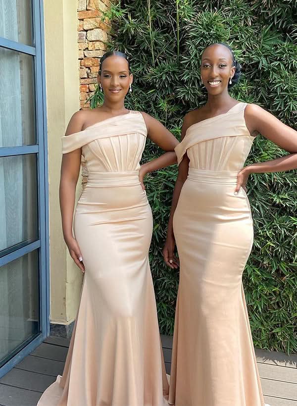 Asymmetrical Sleeveless Sweep Train Satin Bridesmaid Dresses for a Graceful Entrance BM bride