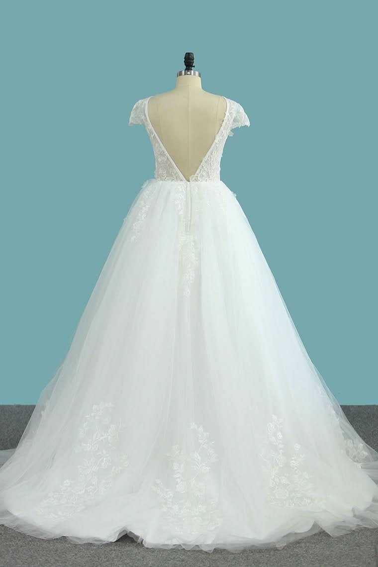 Bateau A-Line Backless Floor-Length Wedding Dress with Lace Appliques and Tulle BM bride