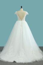 Bateau A-Line Backless Floor-Length Wedding Dress with Lace Appliques and Tulle BM bride