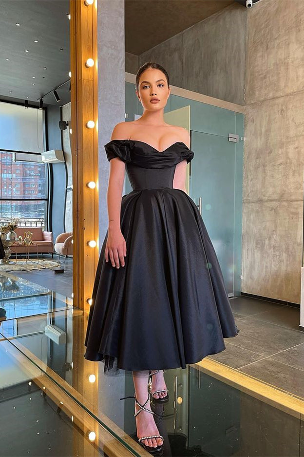 Chic Off the Shoulder Strapless Sleeveless Little Black A Line Prom Dress