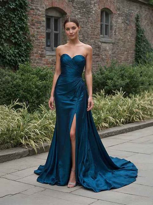 Evening Formal Dress V Neck Blue Silk Ruffles Strapless Maxi Dress BMBRIDE