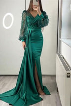 Sequins V-Neck Long Sleeves Mermaid Evening Dress with Split and Ruffle BM bride