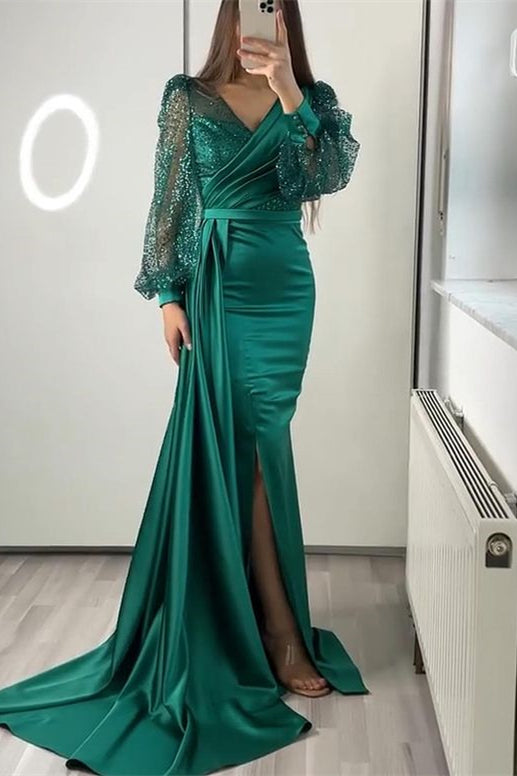 Sequins V-Neck Long Sleeves Mermaid Split Evening Dress with Ruffle BM bride