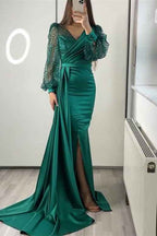 V Neck Long Sleeves Sequins Mermaid Split Prom Dress With Ruffles
