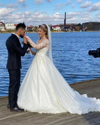 A-Line Sweetheart Wedding Dress with Long Sleeves and Lace Appliques BM bride