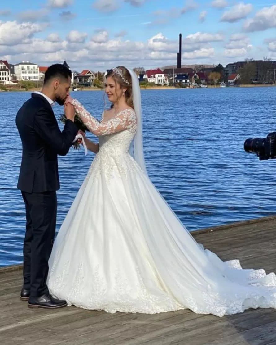 A-Line Sweetheart Wedding Dress with Long Sleeves and Lace Appliques BM bride