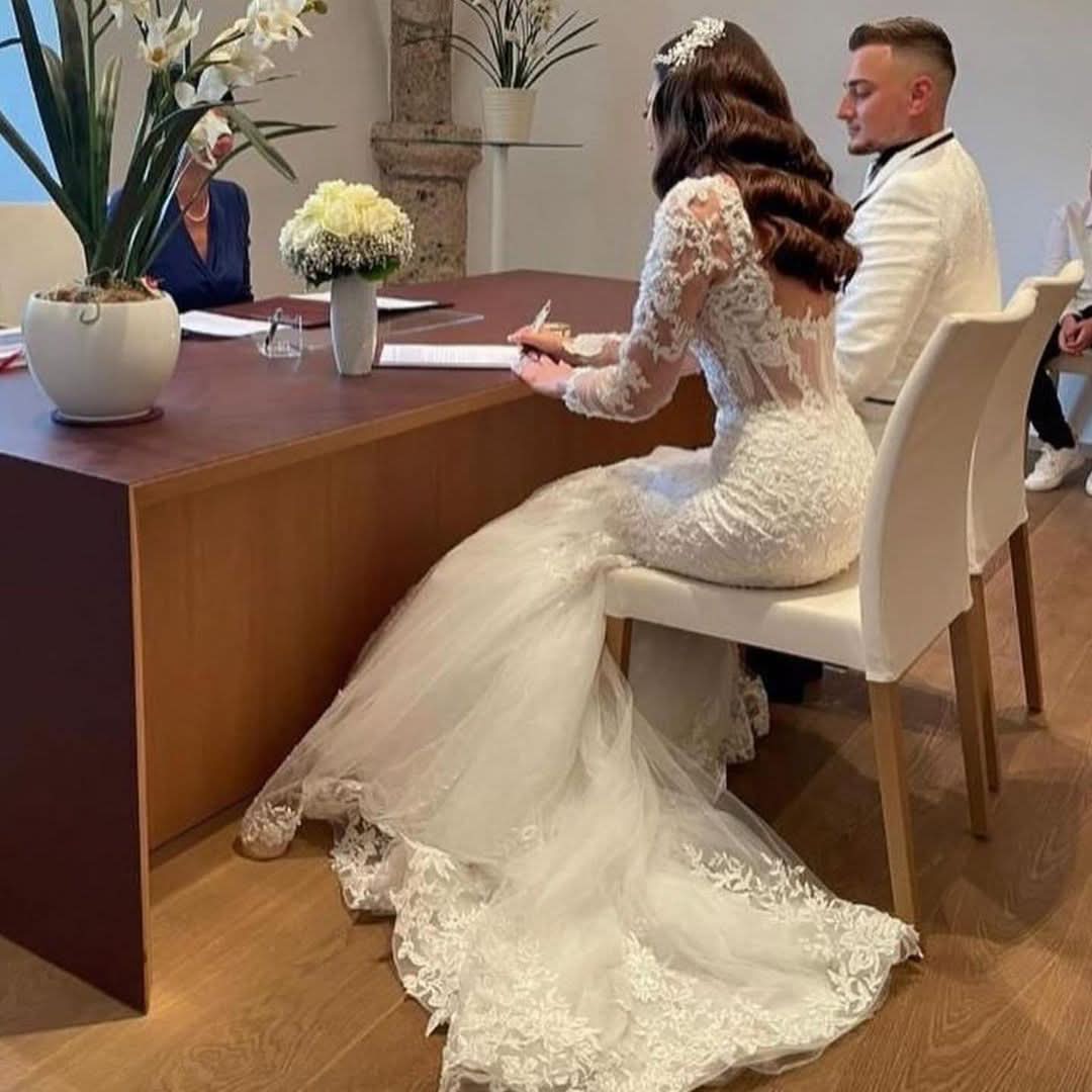 A-Line Bateau Wedding Dress Floor-length Tulle With Appliques Lace Pearl BM bride