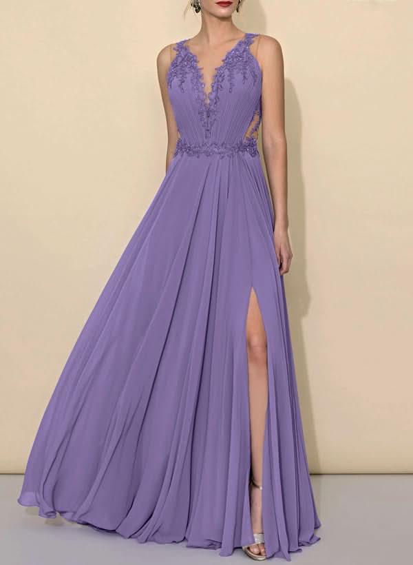A-Line V-Neck Sleeveless Chiffon Bridesmaid Dresses Enriched with Lace and a High Split BM bride