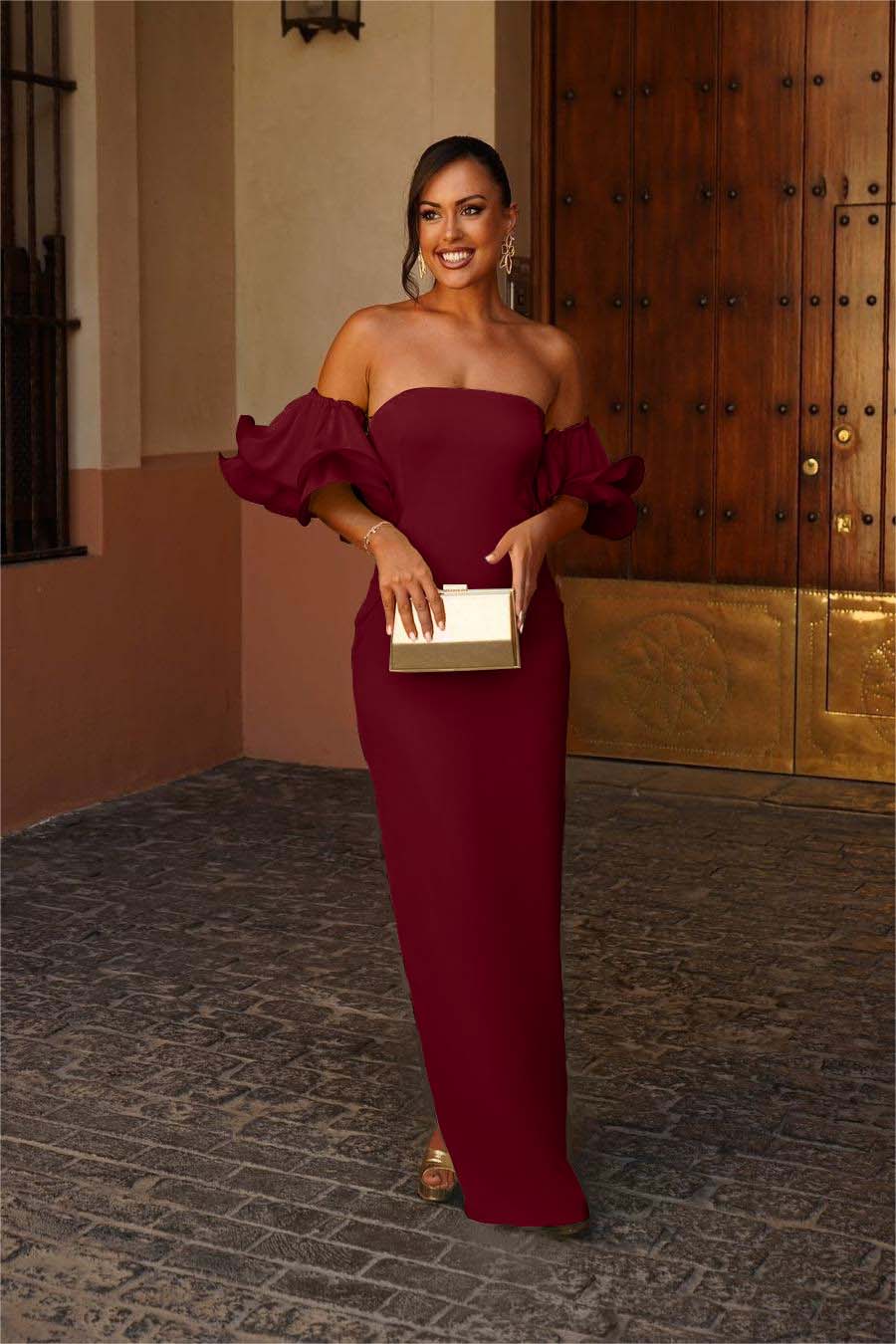 Strapless Bubble Sleeves Mermaid Long Prom Dress With Pleated BMBRIDE
