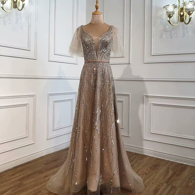 Elegant Taupe Prom Dress, Short Sleeves V-Neck A-Line BM bride