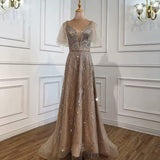 Elegant Taupe Prom Dress, Short Sleeves V-Neck A-Line BM bride