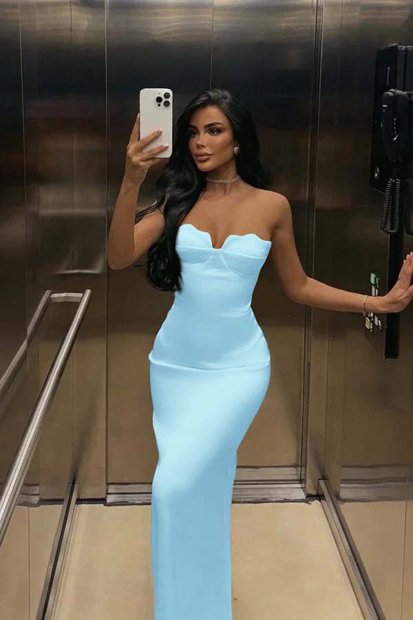 White Strapless Sleeveless Long Mermaid Prom Dress With Pleated BMBRIDE