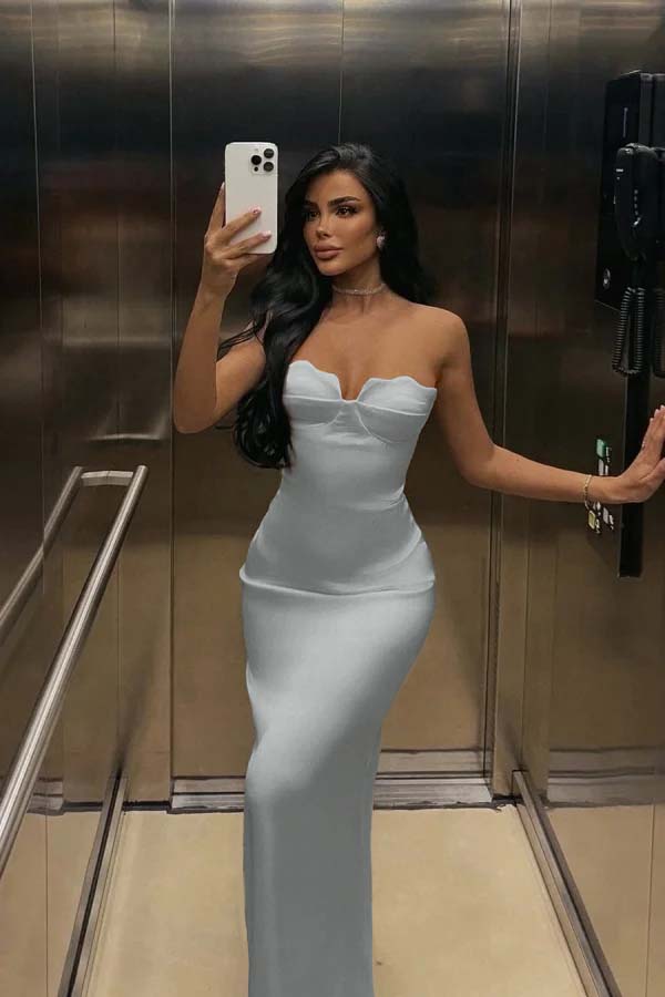White Strapless Sleeveless Long Mermaid Prom Dress With Pleated BMBRIDE