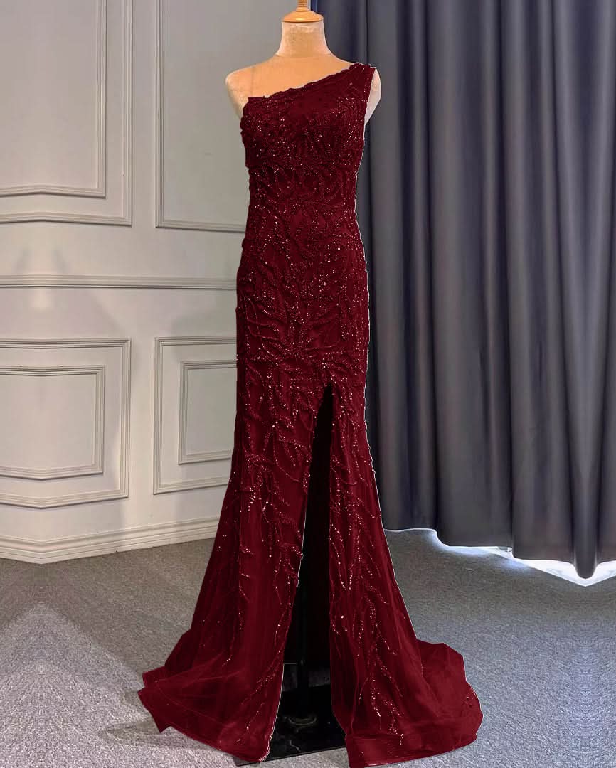 Light Purple Front Split One-Shoulder Beaded Mermaid Prom Dress with Long Ruffles BM bride