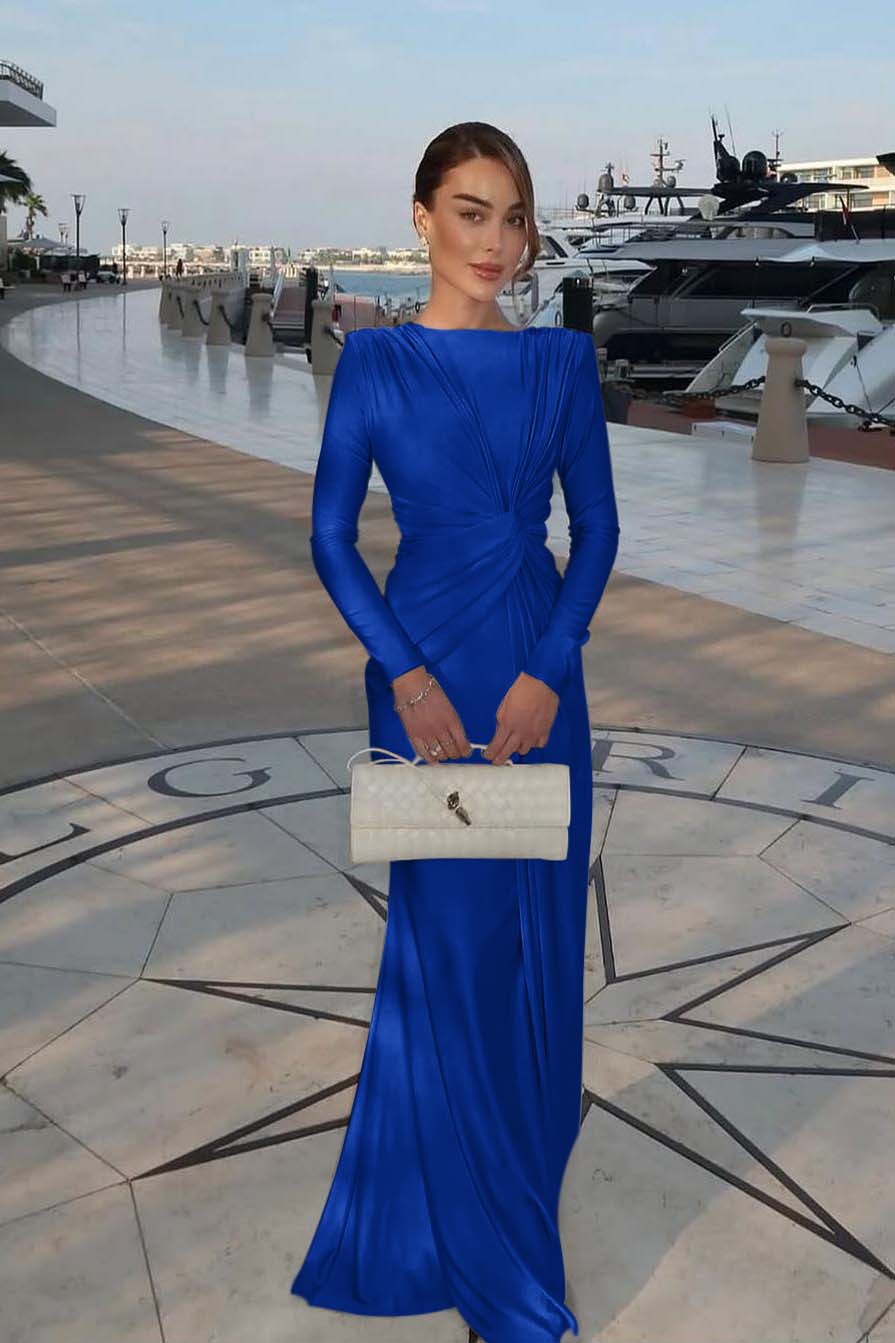 Chic Jewel Long Sleeves Mermaid Long Prom Dress With Pleated BMBRIDE