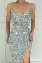 Chic Silver Strapless Mermaid Prom Dress Long Split With Sequins