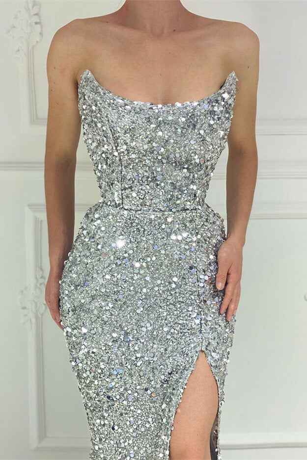 Chic Silver Strapless Mermaid Prom Dress Long Split With Sequins