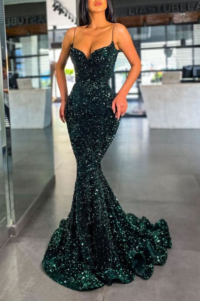 Dark Green Sequin Mermaid Prom Dress BM bride